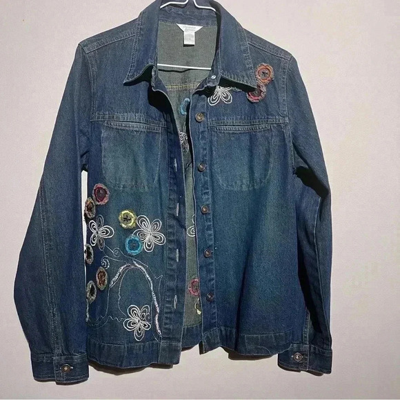 Christopher Banks Flowered Embroidery Dark Jeans Jacket Size Small - Picture 1 of 8